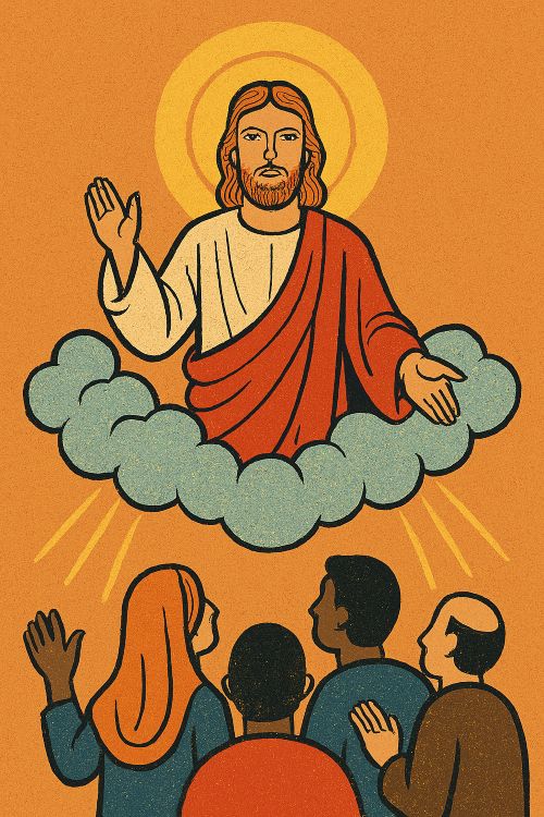 Parusía. Figura de Jesucristo sobre una nube bendiciendo a un grupo de personas que lo miran desde abajo
