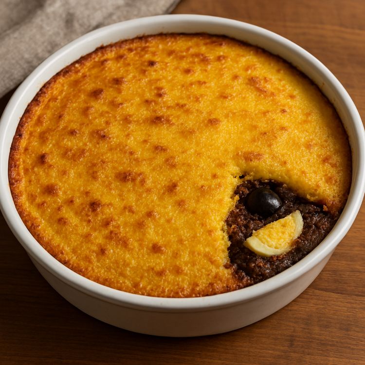 Pastel de choclo chileno recién horneado en fuente de greda, con superficie dorada y relleno visible de carne, huevo y aceituna
