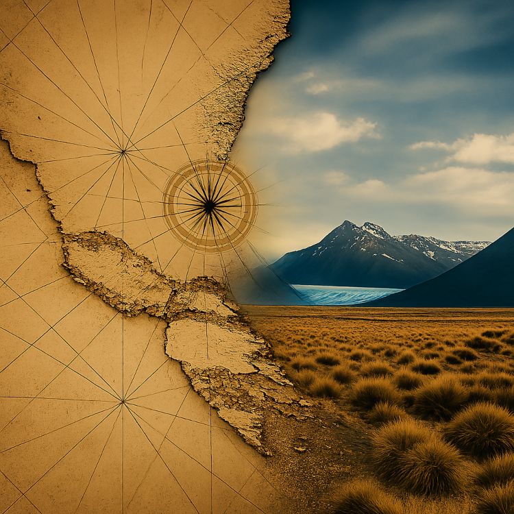 Patagón Patagón. Composición visual que fusiona un mapa antiguo sin rotulación del estrecho de Magallanes con un paisaje patagónico de estepa y glaciares