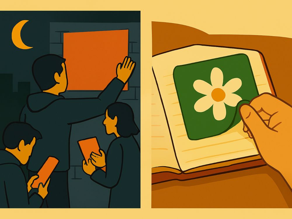 Ilustración dividida en dos escenas: a la izquierda, jóvenes pegando carteles en una pared urbana de noche; a la derecha, mano infantil colocando una pegatina decorativa en una libreta escolar