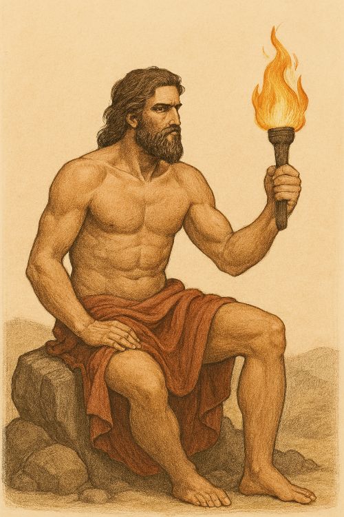Prometeo sentado sobre una roca, con torso desnudo, sosteniendo una antorcha encendida y envuelto en un paño rojizo