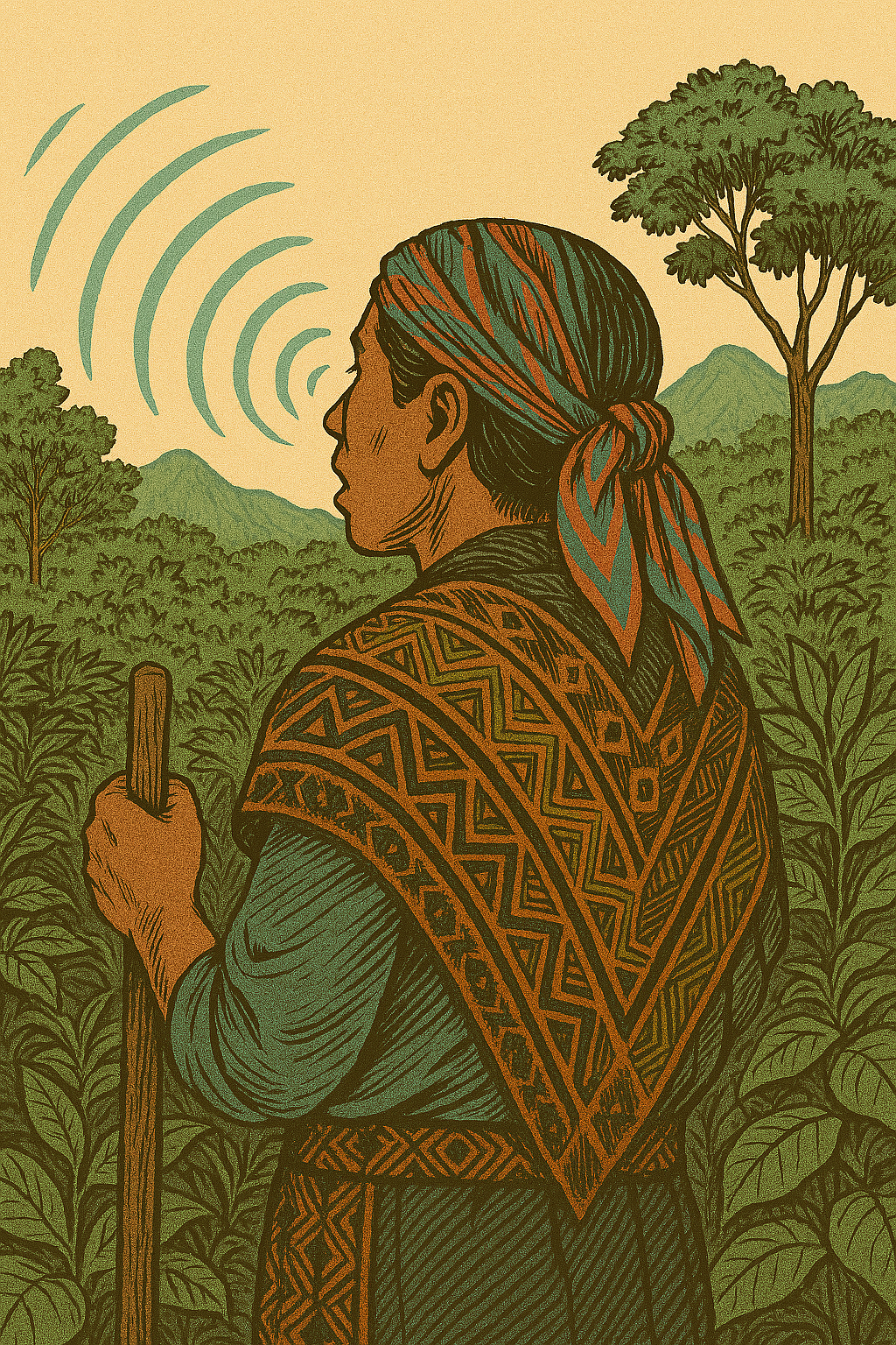 Q’eqchi’. Figura humana de espaldas en selva centroamericana, con formas abstractas que emergen como ondas de habla