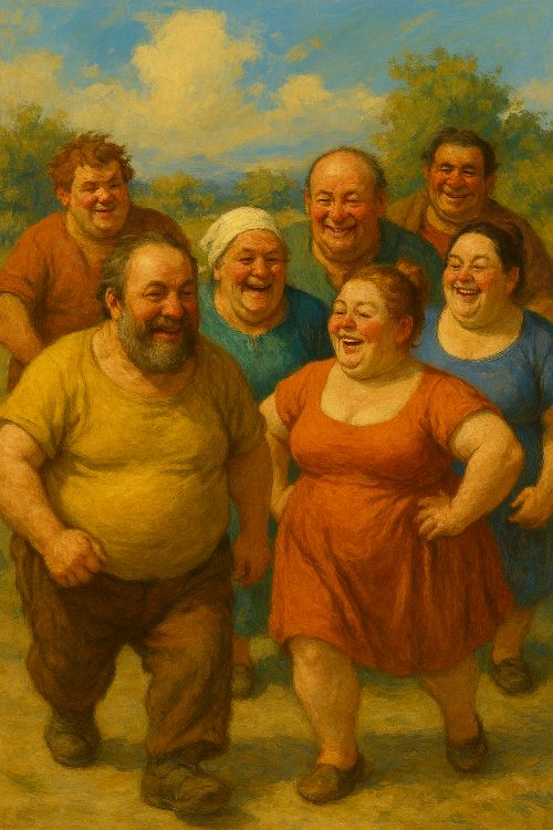 Rabasón. Grupo diverso de personas corpulentas y alegres en un entorno festivo al aire libre, con expresiones de risa y camaradería