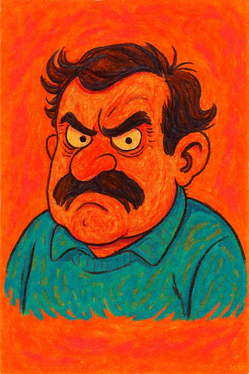 Rabiolis Caricatura de un rabiolis con expresión sarcástica, fondo naranja vibrante y jersey verde azulado