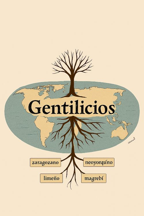 Señalando el origen Señalando el origen. Mapa estilizado del mundo con un árbol sin hojas en el centro, cuyas raíces se extienden sobre los continentes. En el centro aparece la palabra 'Gentilicios'