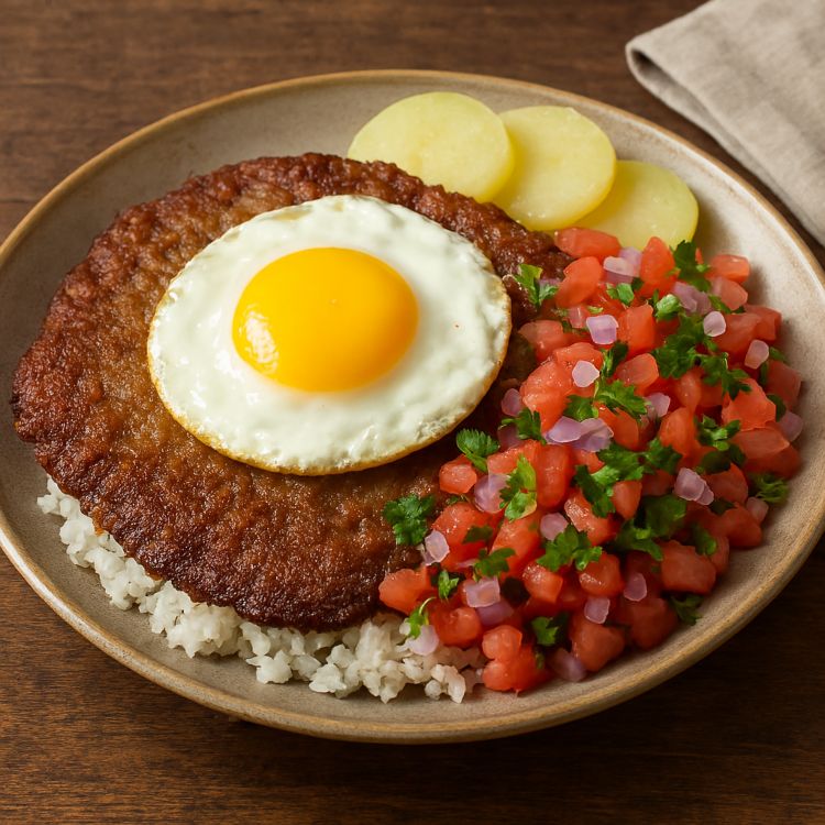 Silpancho Plato boliviano de silpancho servido sobre arroz blanco, con carne apanada dorada, huevo frito con yema brillante, ensalada de tomate, cebolla morada y perejil, acompañado de papas cocidas en rodajas