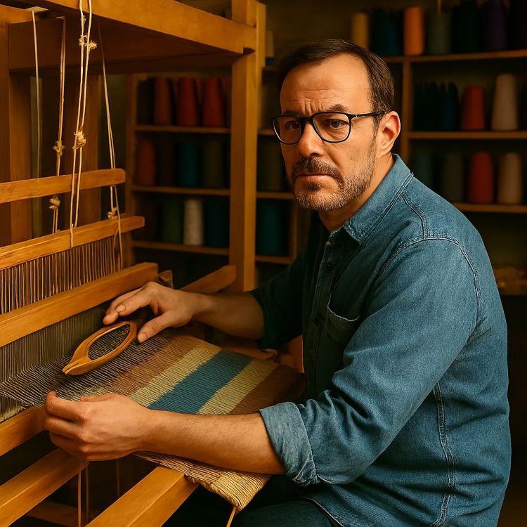 Tejedor Tejedor de mediana edad en su telar tradicional, rodeado de hilos y herramientas en un taller cálido