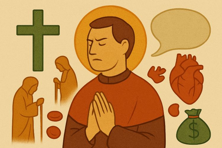 Tragasantos. Ilustración de una figura con halo en actitud de oración, rodeada de símbolos como un corazón, un saco de dinero, panes, una cruz, dos ancianos con bastón...