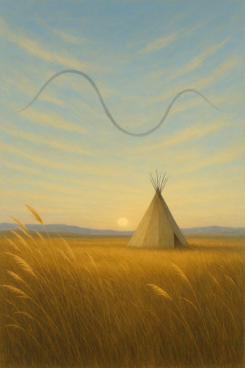 Wichita. Paisaje de las Grandes Llanuras al amanecer con un tipi solitario y una onda sonora que se eleva hacia el cielo
