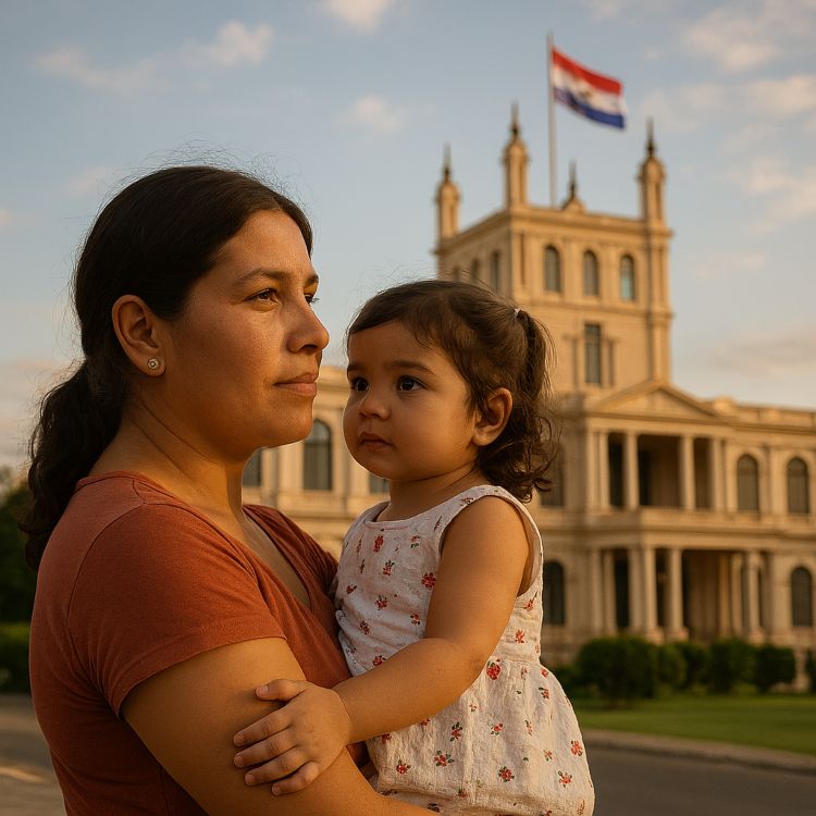 Asunceno. Vista de Asunción al atardecer, con el Palacio de López iluminado por luz dorada y el río Paraguay en segundo plano