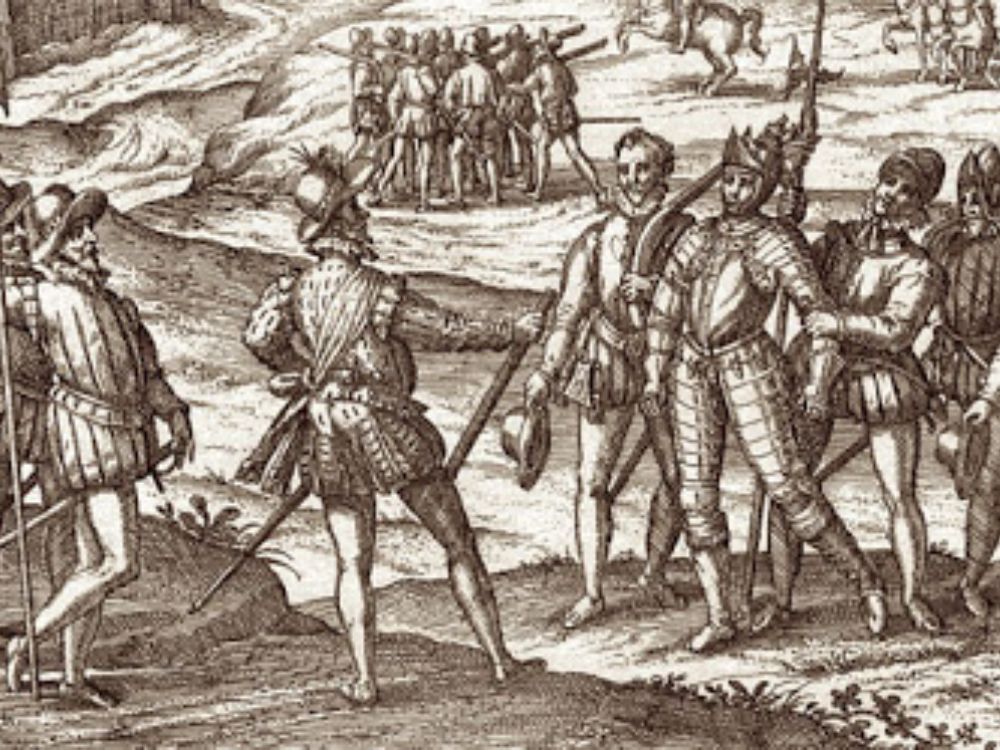 Grabado histórico que representa a soldados españoles del siglo XVI reunidos en la pampa de Jaquijahuana, con un capitán dirigiéndose a sus hombres antes de la rendición de Gonzalo Pizarro