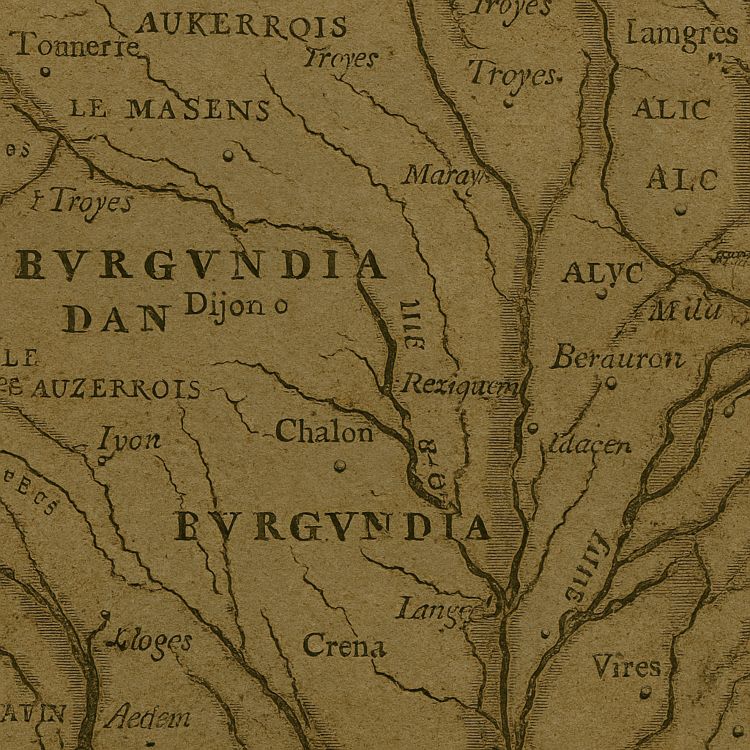 Borgoñón. Mapa antiguo de la región histórica de Borgoña