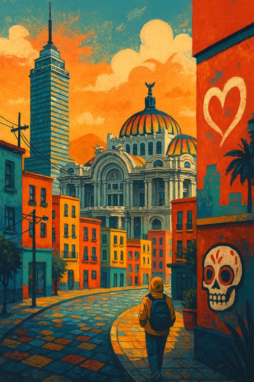 Chilango. Ilustración conceptual de la Ciudad de México con arquitectura icónica, colores vibrantes y símbolos culturales