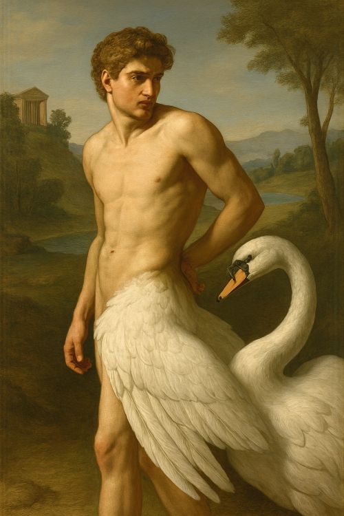 Cicno en proceso de transformación en cisne, en un paisaje clásico griego