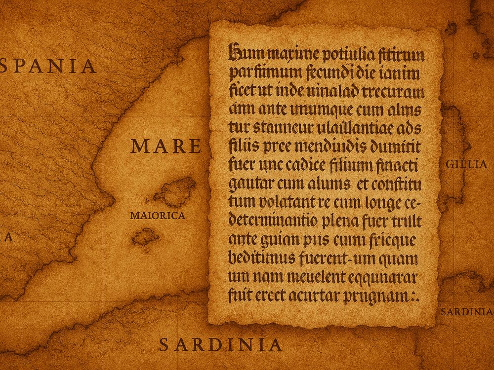 De Maiorica a Mallorca Mapa antiguo del Mediterráneo con la isla de Maiorica (Mallorca) destacada y un pergamino medieval superpuesto con texto en letra gótica