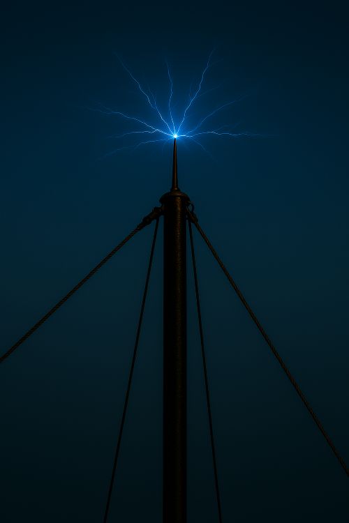 El fulgor de San Telmo Descarga eléctrica azul en la punta de un mástil durante la noche, representando el fuego de San Telmo