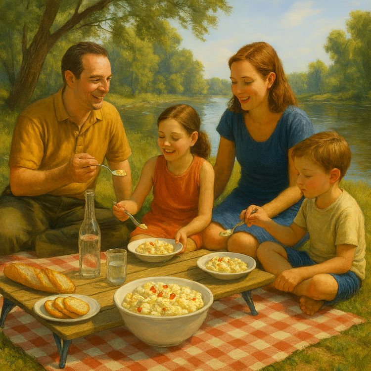 Ensaladilla rusa Familia de cuatro personas sentada junto a un río en verano, compartiendo ensaladilla rusa sobre una mesa plegable con mantel