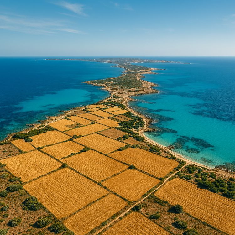 Formentera Vista aérea de Formentera con campos dorados de cultivo en primer plano y mar turquesa rodeando la costa