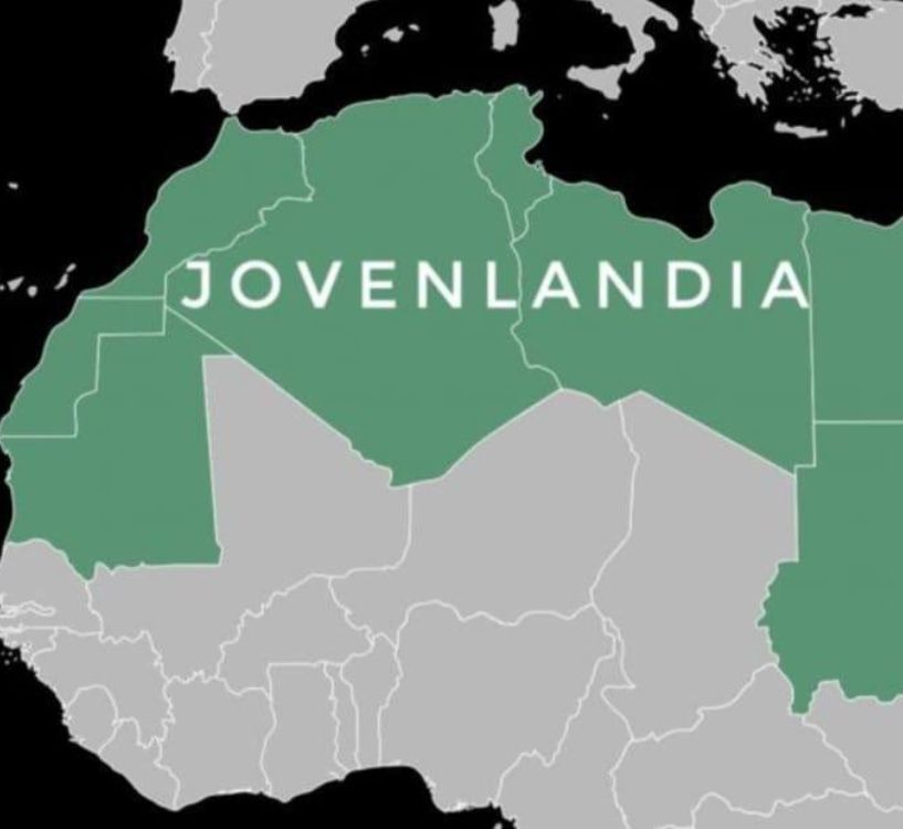 Jovenlandés. Mapa del norte de África donde varios países aparecen coloreados en verde y agrupados bajo el nombre ficticio 'Jovenlandia'
