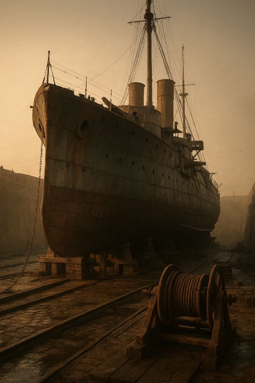 La batalla de Cavite. Buque de guerra español del siglo XIX en dique seco, con casco envejecido y atmósfera silenciosa