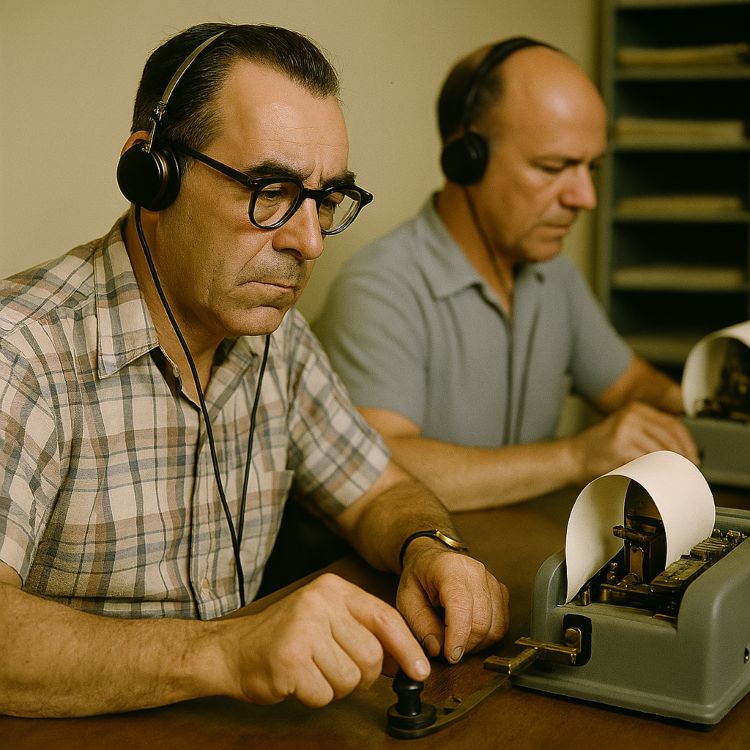 La destreza del telegrafista La destreza del telegrafista. Dos telegrafistas trabajan en máquinas de Morse sobre una mesa, uno en primer plano y otro al fondo