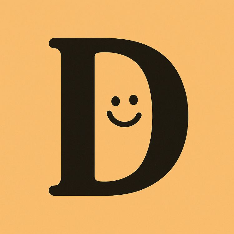 La discreta D estilizada con expresión amable y juguetona, sobre un fondo suave y minimalista