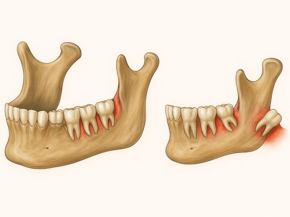 Comparación clínica de dos mandíbulas humanas mostrando evolución del tamaño mandibular y posición de las muelas del juicio