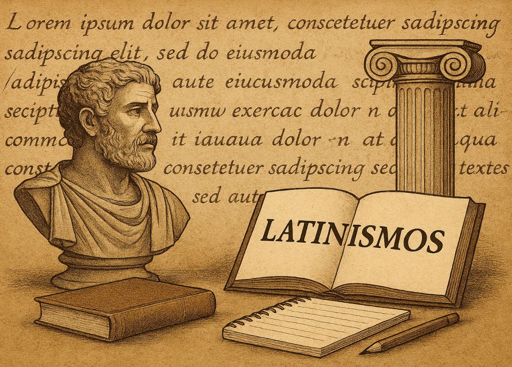 Latinismos y latinajos. Ilustración con busto romano, columna clásica, manuscrito en latín y libros modernos sobre un fondo de pergamino envejecido