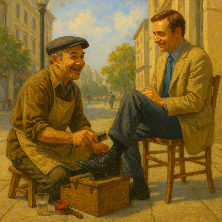 Limpiabotas Limpiabotas sonriente trabajando en la calle mientras atiende a un cliente sentado, en una escena urbana luminosa