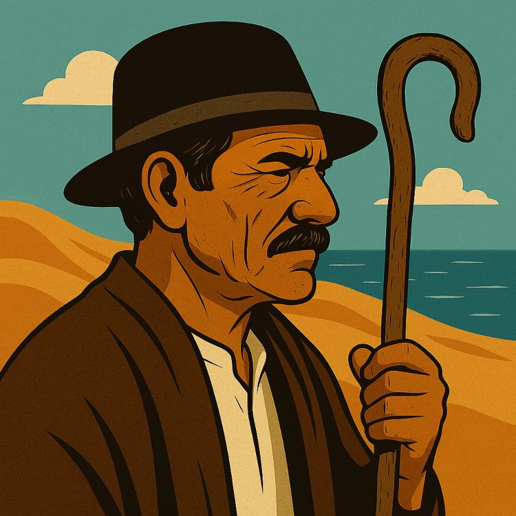 Majorero Hombre majorero con sombrero tradicional y cayado, de pie frente a dunas y mar en un paisaje árido de Fuerteventura