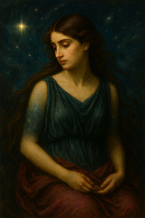 Retrato mitológico de Mérope, la Pléyade más tenue, sentada bajo un cielo estrellado con expresión melancólica y vestimenta clásica en tonos azul y burdeos
