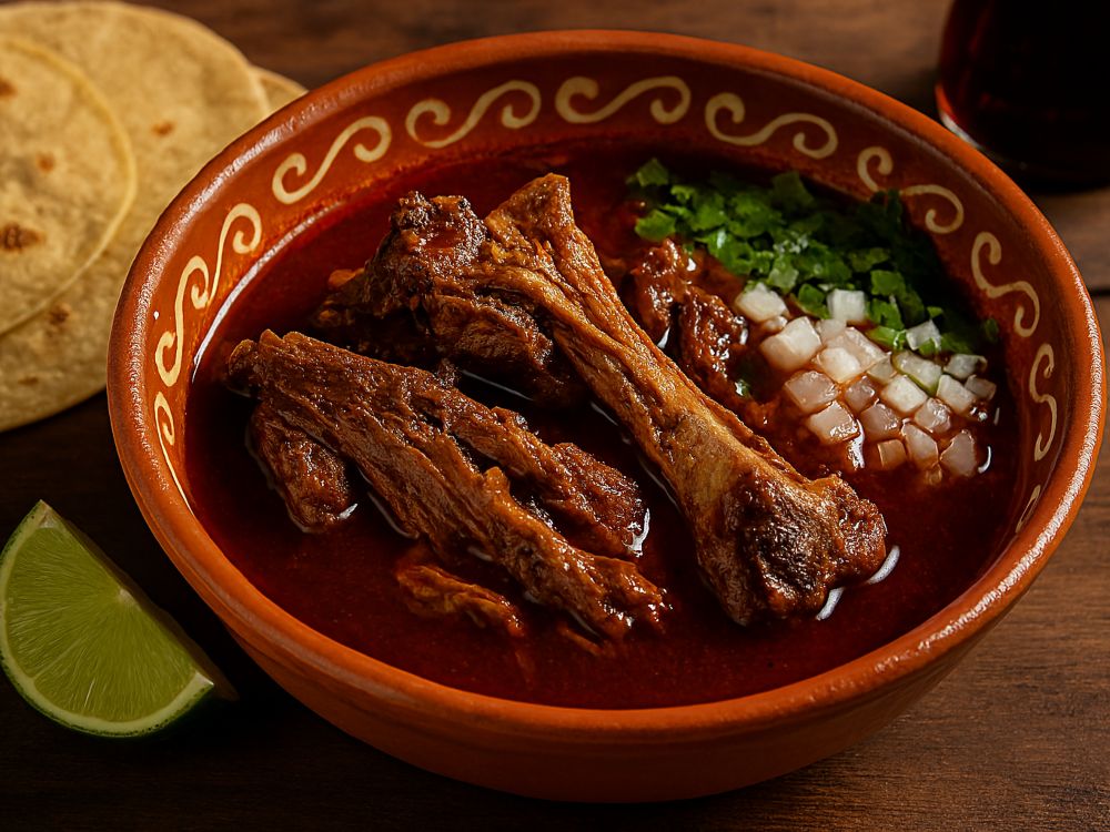 Plato de birria de chivo servido en cuenco de barro, con carne en consomé rojo, cebolla, cilantro, tortillas y limón