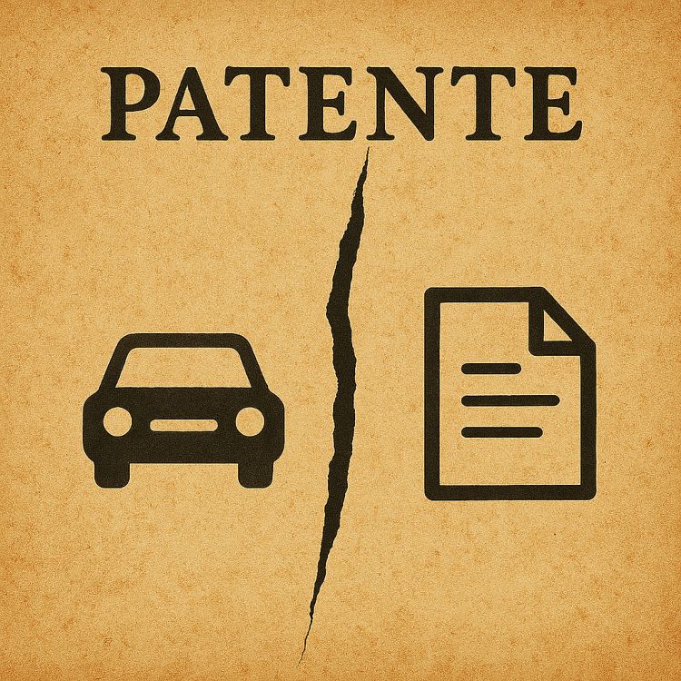 Ilustración conceptual que representa la palabra 'patente' dividida en dos significados mediante símbolos abstractos