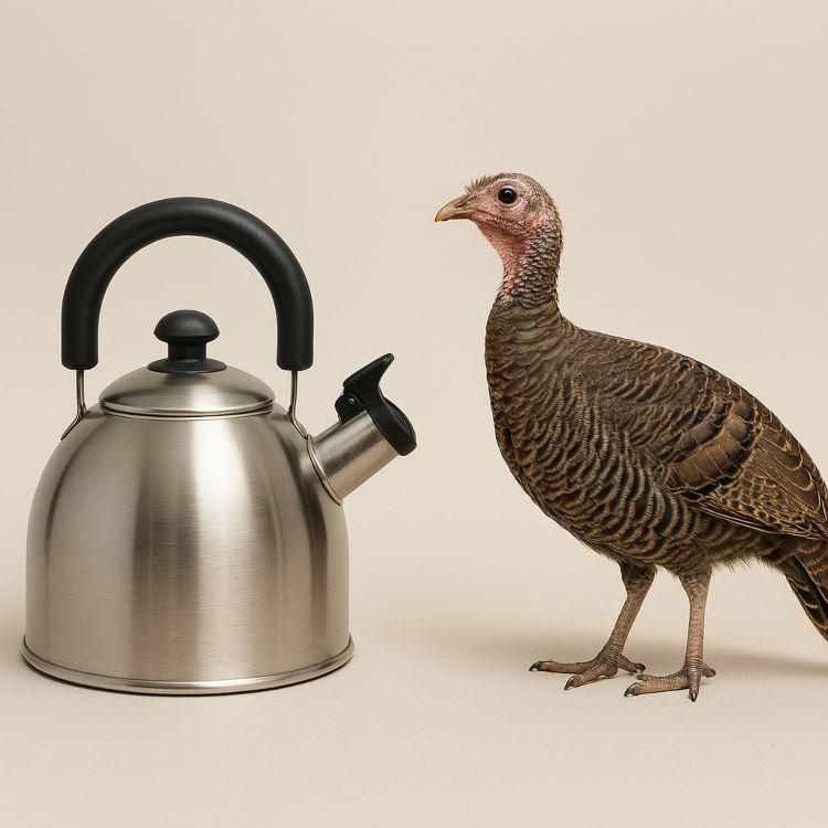 Hervidor metálico junto a una pava hembra sobre un fondo neutro