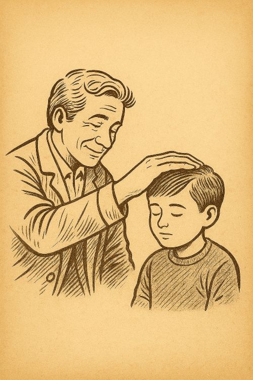 popar. Ilustración en sepia de un hombre acariciando con ternura la cabeza de un niño sentado, ambos con los ojos cerrados