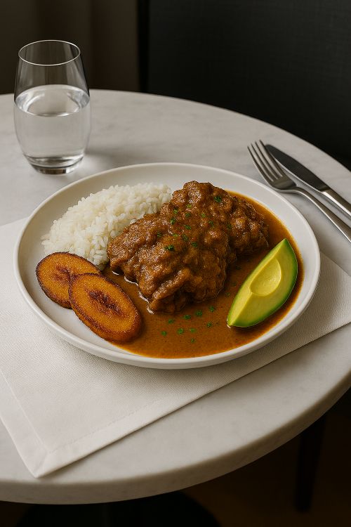 Seco de chivo Plato de seco de chivo servido con arroz, plátano maduro y aguacate
