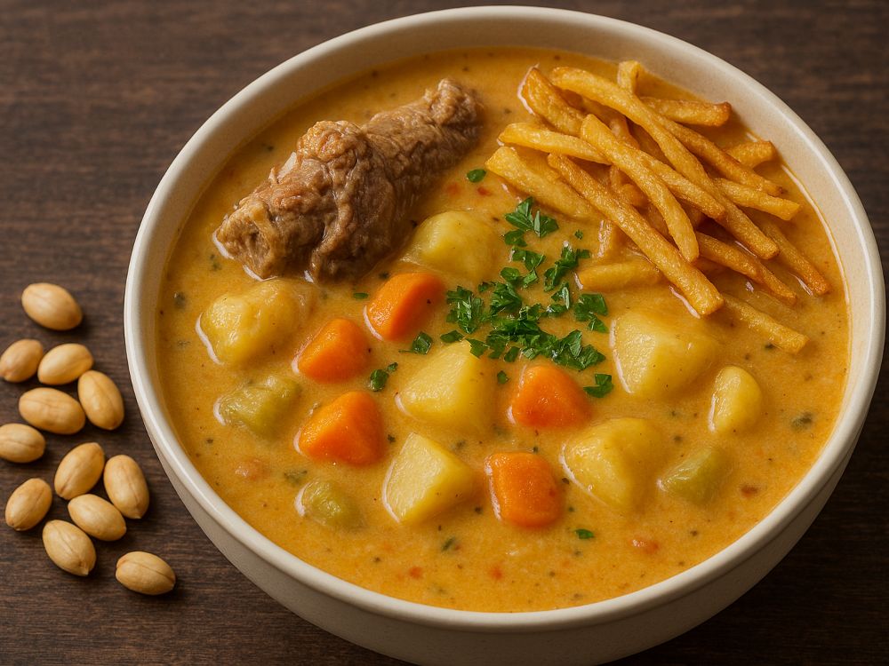 Sopa de maní boliviana servida en un cuenco con carne, verduras y papas fritas al hilo sobre una mesa rústica
