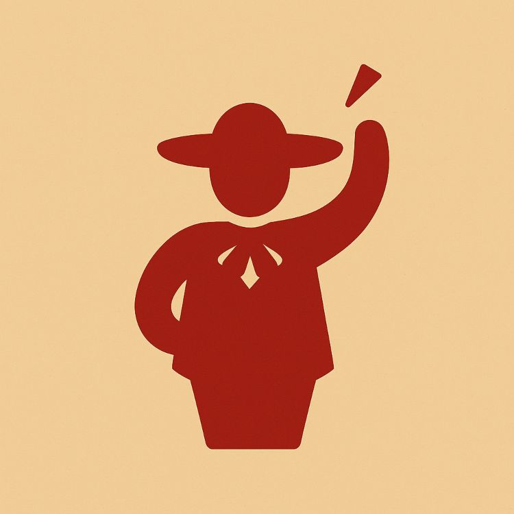 Símbolo editorial minimalista en rojo que representa el gentilicio tapatío mediante una figura estilizada de mariachi sobre fondo cálido