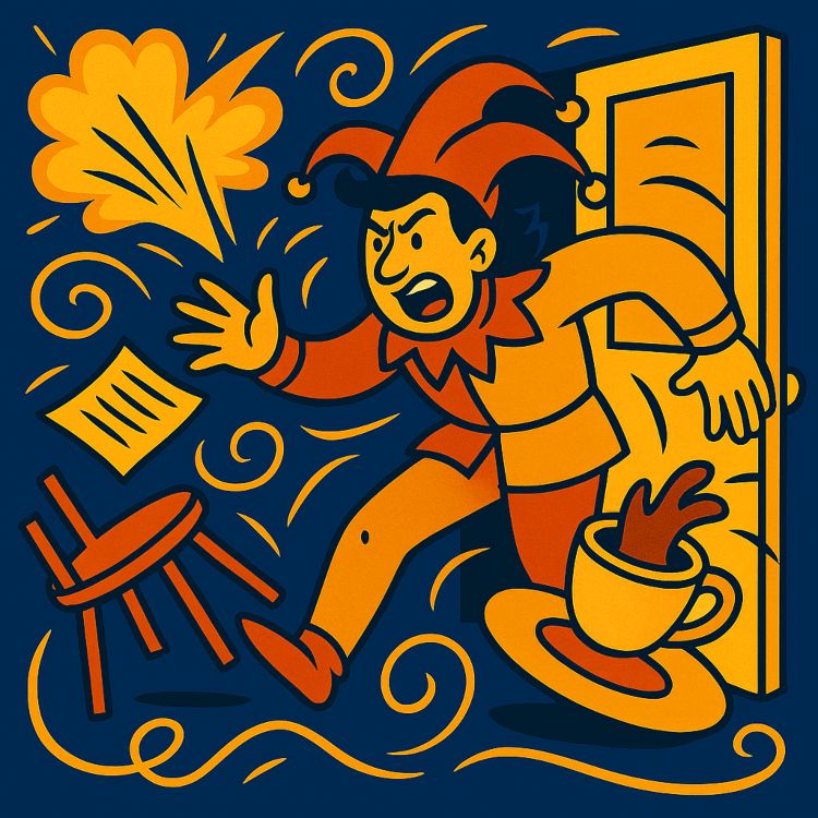 Trápala. Bufón en movimiento irrumpe en una escena caótica: silla volcada, papel al aire, café derramado y líneas ondulantes que sugieren ruido y confusión