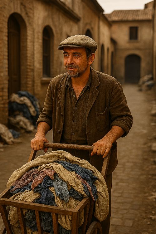 Trapero empujando su carro por una calle empedrada, con textiles recogidos y luz cálida de mañana