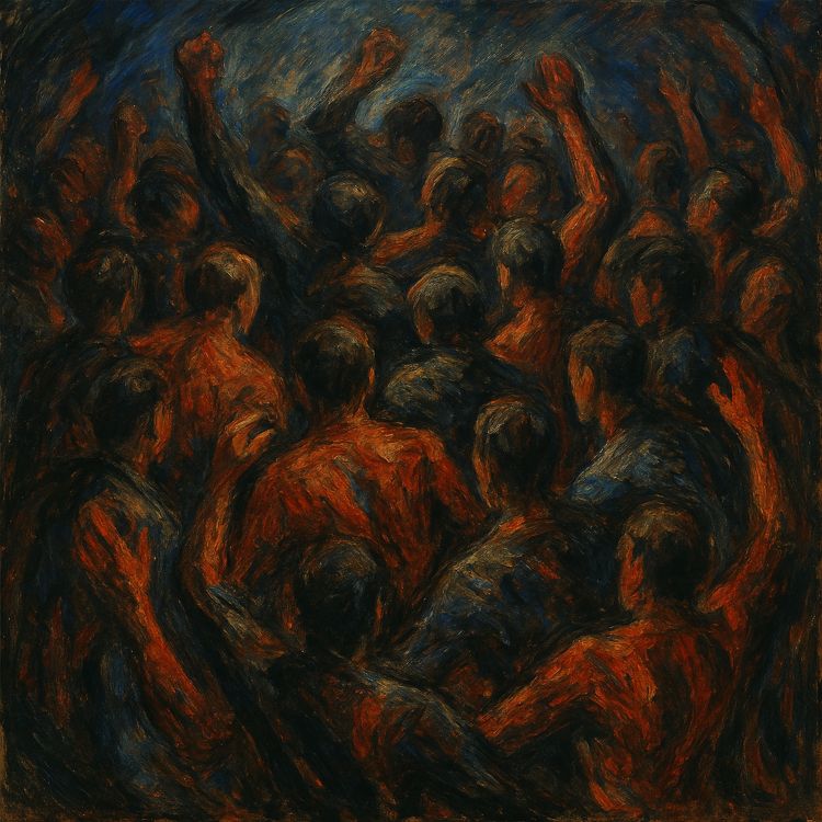 Turbamulta. Siluetas humanas superpuestas en movimiento caótico, pintadas con trazos expresionistas en tonos oscuros y rojizos