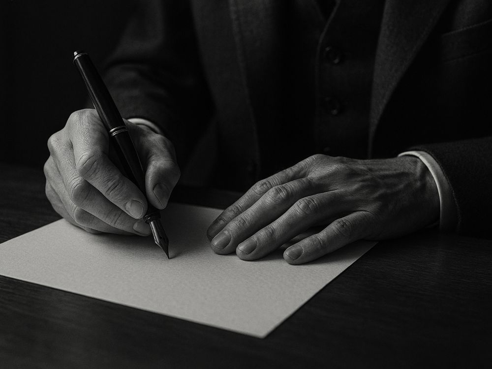 Vieja escuela 'De la vieja escuela'. Primer plano de unas manos adultas escribiendo con una pluma estilográfica sobre una hoja en blanco, iluminadas de forma sobria, evocando un estilo de trabajo clásico.